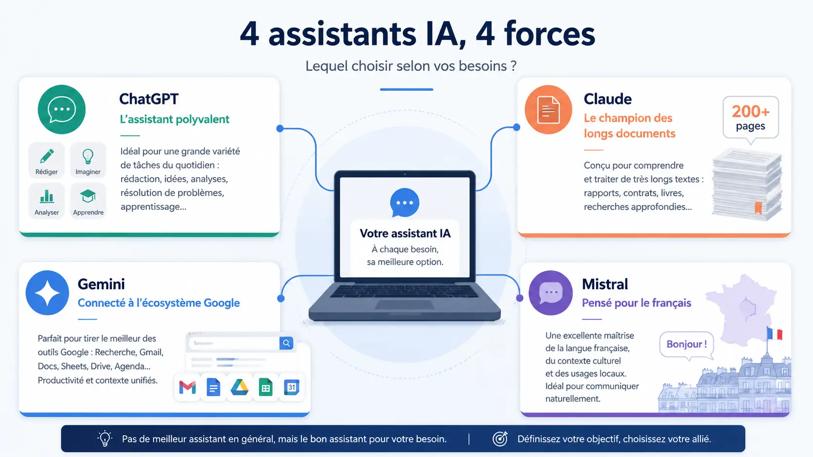comparatif des assistants IA ChatGPT Claude Gemini et Mistral selon leurs points forts
