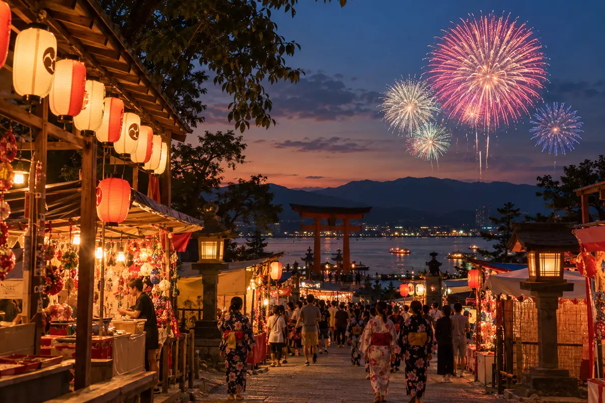 Festival d'été au Japon, avec lanternes et animations traditionnelles