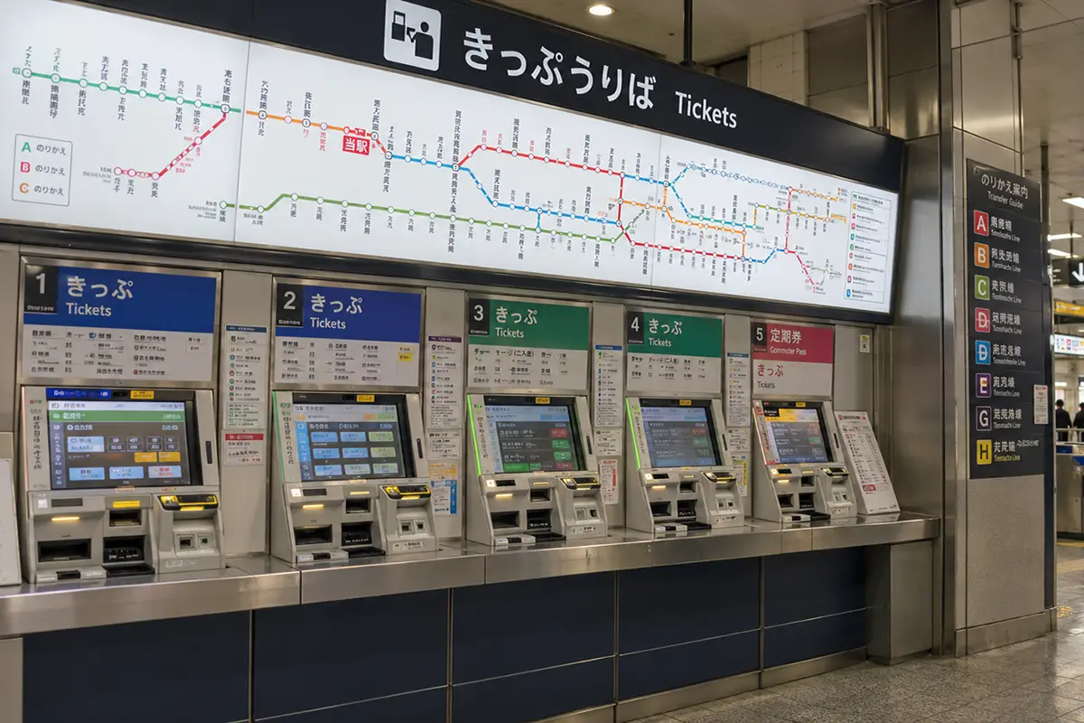 Distributeurs de billets dans une gare japonaise, où l'on peut aussi récupérer son JR Pass